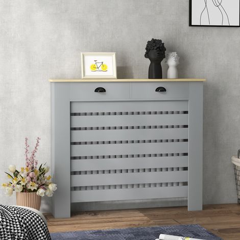 Cache-radiateur moderne à lattes, avec 2 tiroirs en MDF, pour la maison et le bureau, 111 x 19 x 95,5 cm, gris