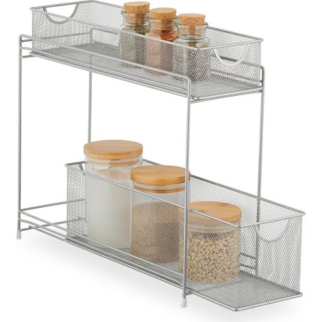 Relaxdays Organizador Armario Cocina, Estantes Extraíbles Deslizantes, 2 Cestas, Metal, 40 x 15 x 46 cm, Plateado