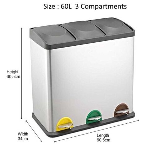 Evre Recycling Bin with Lids for Kitchen / 60 Litre Capacity / 3 Compartments Waste Separation/Colour Coded (60L)