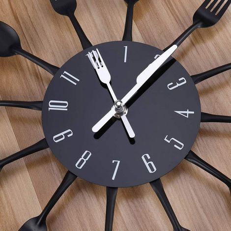 Horloge murale de cuisine en métal, horloge silencieuse avec cuillère et fourchette, idéale pour la cuisine et le restaurant. Décoration pour le salon et le restaurant. (1/3)