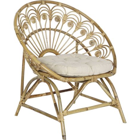 Fauteuil rotin et coton confort élégant et cosy - Couleur naturelle de rotin avec coussin blanc (1/5)