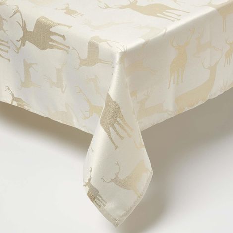 HOMESCAPES Gold Stag Christmas Table Cloth, 132 x 228 cm