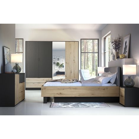 Camera completa MELODY – Letto contenitore 180x200 + armadio + cassettiera + comodini – Nero grafite e rovere chiaro – Materasso non incluso