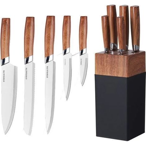 Ensemble de 5 couteaux en acier inoxydable avec bloc à couteaux, blanc, couteau de chef Santoku, couteau à pain, couteau d'office (1/4)