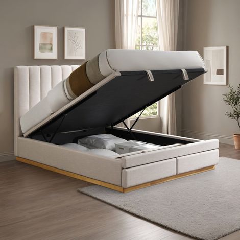 DANIEL Lit double en tissu beige avec coffre et 2 tiroirs 140x190 cm