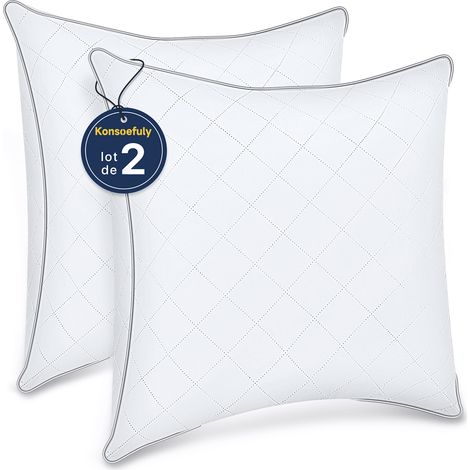 Lot de 2 Oreillers 60x60 cm Konsoefuly, 100% Fibres de Polyester Creuses 7D, Respirants, Hypoallergéniques, anti-acariens, Certifié Oeko-Tex