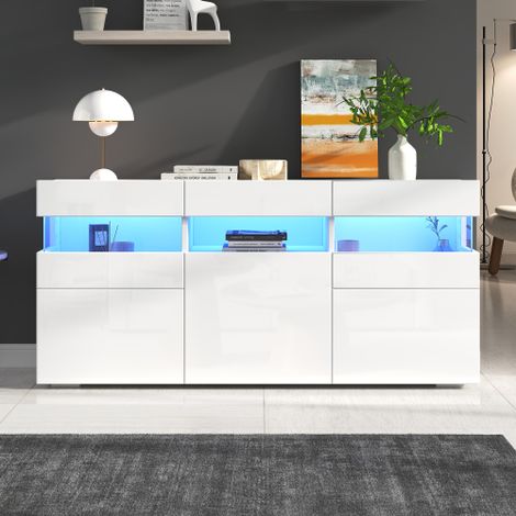 Buffet bas avec 3 portes en acrylique transparent - 140 x 40,5 x 66,5 cm - LEDs - Panneau de particules - Blanc (1/5)