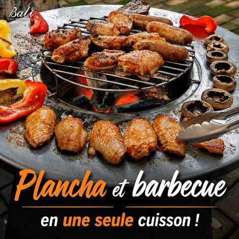 BALI OUTDOORS Braséro Plancha 3 en 1 Ø58,5 cm, barbecue extérieur au bois et charbon, plancha inox, grille barbecue, bac à cendres amovible, finition rouille