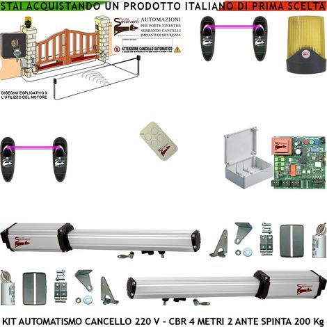 Automatismo Cancello 4 Metri 2 Ante da 2 MT Kit Motori Elettromeccanici 230 V Corsa 300 mm Spinta 2 Q.li Sblocco Gruppo Staffe 6 Radiocomandi 2 Coppie Fotocellule Selettore 2 Ck Faro Cartello Monitore (1/5)
