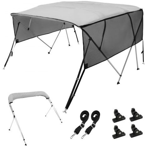 4-Bogen-Bimini-Top-Bootsabdeckung, 216–228 cm Einbaubreite 600D-Polyester-Überdachung, Bootsverdeck mit Abnehmbare Mesh-Seitenwände, Wasserdicht & Sonnenschutz, inkl. Aufbewahrungsbox Hellgrau
