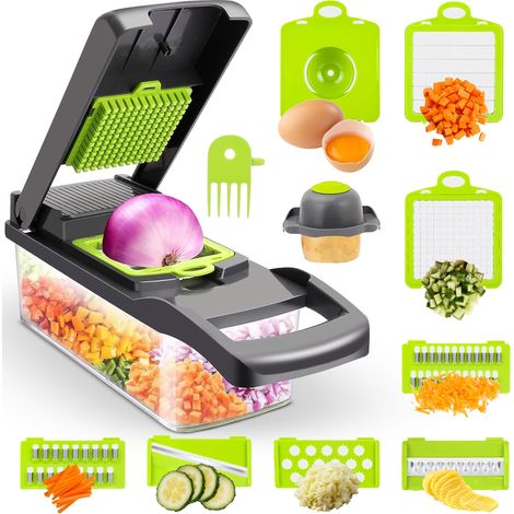 Hachoir multifonctionnel 15 en 1 pour fruits et légumes - Tranche, coupe en dés et plus encore pour salades, etc., noir et vert (1/5)