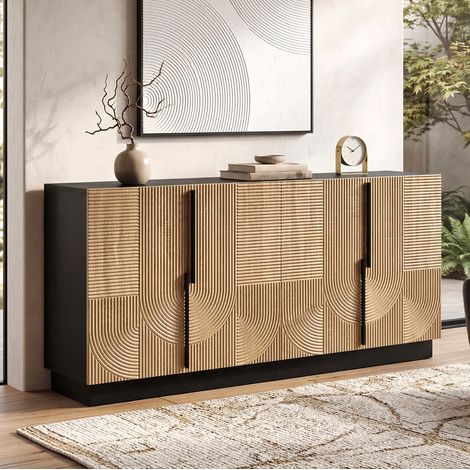 Sideboard 160x42x76 cm Schwarz und Natur aus MDF und Holzwerkstoff mit Relieffront, Metallgriffen und Stauraum (1/5)