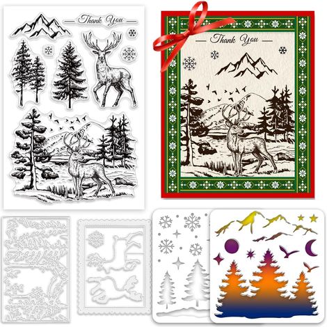 Lot de tampons et matrices de découpe en forme de cerf pour la fabrication de cartes - Pochoirs muraux d'arbre pour peinture, fond de forêt, pochoir pour dessin, flocon de neige, peinture de (1/5)