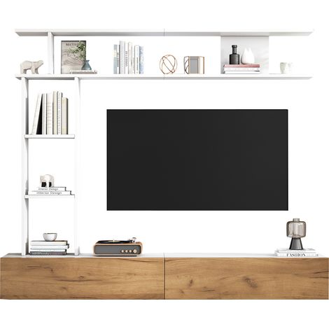 ELVMI Mueble TV con 2 Puertas, Estantes Abiertos y Pasacables, para Salón, 180 x 35 x 22.5 cm, Blanco Roble (1/5)