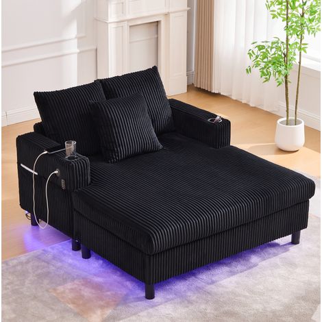 Fauteuil chaise longue 142x128x85 cm noir en corduroy avec LED, ports USB et porte-gobelet (1/5)