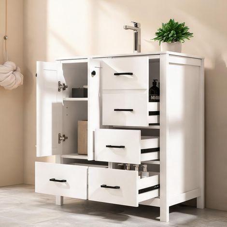 Meuble vasque blanc en MDF laqué avec rangements en céramique MDF (1/5)