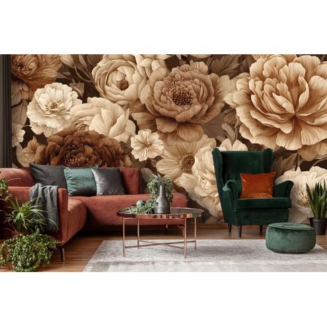 Fototapete Blumen Pfingstrosen Beige, für Wohnzimmer und Schlafzimmer, 300 x 210 cm – Komplettset inkl. Kleister & Anleitung (1/5)