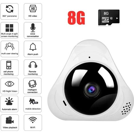 (8 Go) Caméra panoramique WiFi fisheye 360°, protection de sécurité, maison intelligente. (1/5)