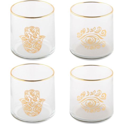 Lot de 4 Verres à Eau en Verre avec Motif Main et Œil Doré pour la Table 7 x 7 x 8 cm - PANGIVO (1/5)