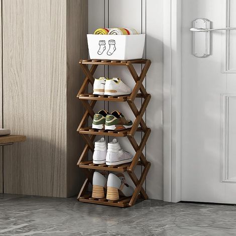 Étagère à Chaussures Pliante en Bambou 5 Niveaux – Range-Chaussures Vertical, Gain de Place pour Entrée, Placard ou Chambre, Marron (1/5)