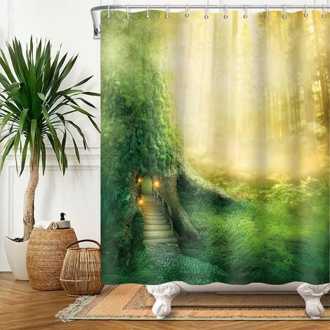 122x183cm Fantaisie Vaste Arbre Rideau de Douche La Magie Forêt Vert Gazon Paysage de Bain Nature Royaume des Fées Thème pour Enfant Salle de Bain avec Crochets (1/4)