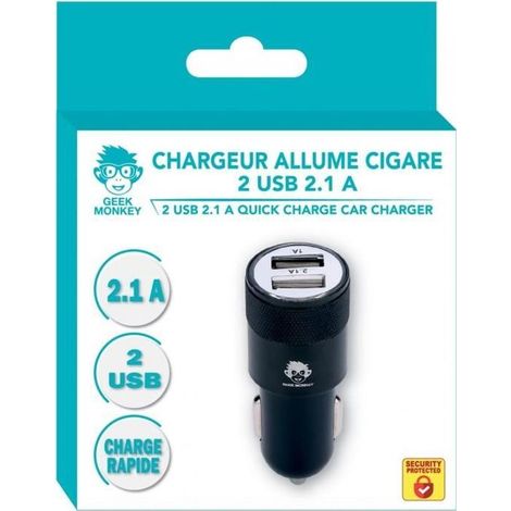 Chargeur - GEEK MONKEY - Allume-cigare - 2x USB-A 2.1 - Charge rapide - Noir