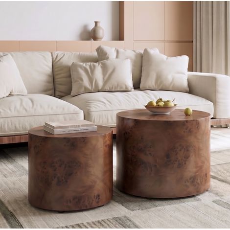 Tavolino basso rotondo set da 2, impiallacciatura radica e MDF, vano discreto, marrone scuro DESVIAE (1/5)