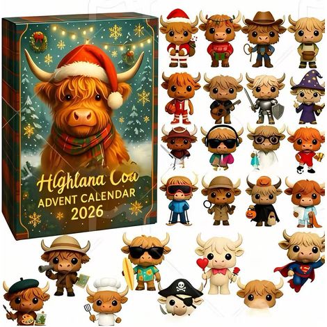 New Scottish Highland Bull Countdown Blind Box Christmas Tree Decoration Hanging Plastic 3D - Highland Bull with Hat - Style D -