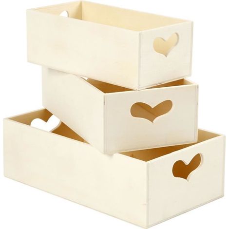 Boîtes de rangement en bois avec poignées en forme de coeur. Set de 3 formats. réf 57767 (1/4)