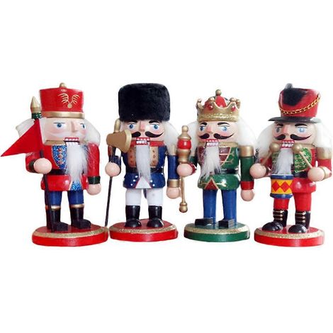 4-teiliges Nussknacker-Weihnachtsornament-Set, Walnuss-Soldat-König-Puppen-Holzfiguren, Weihnachten