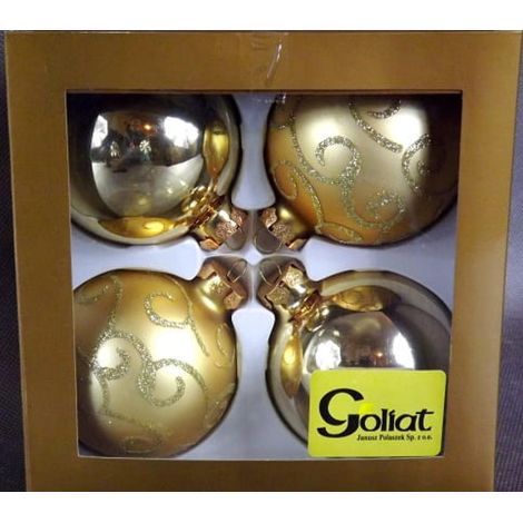 Set mit 4 dekorierten Weihnachtskugeln 80 mm - Gold und Lila, matt und glänzend. (1/2)