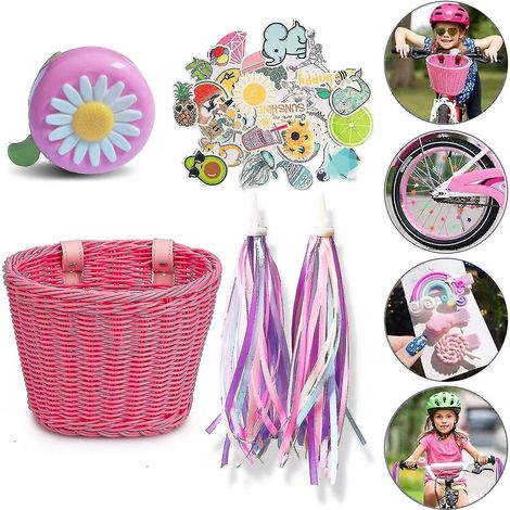 Panier de vélo enfant pour l'avant du vélo, accessoire de vélo en osier tressé avec rubans de guidon, rose (1/4)