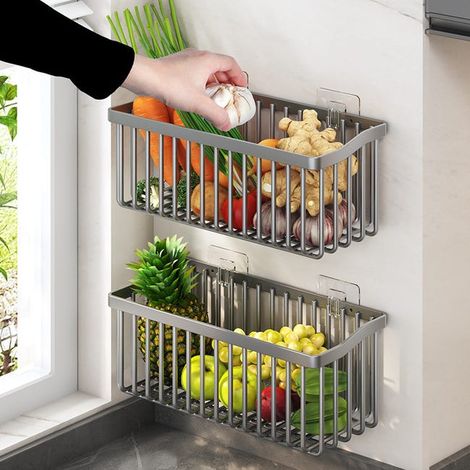 Wandmontierter Abtropfkorb für Küchenobst und -gemüse – Installation ohne Bohren, kompaktes Design, Kohlenstoffstahl, 30,3 x 13 x 12,8 cm