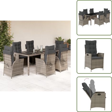 The Living Store Set da Pranzo da Giardino 7 pz con Cuscini in Polyrattan Grigio - Sedie da giardino reclinabili