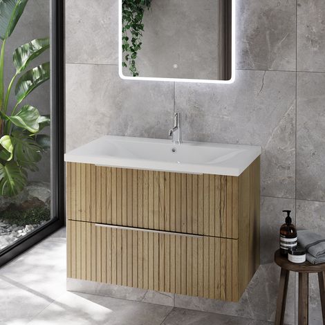 Helix 460 Fluted Autumn Oak 800mm Wall Mounted 2 Drawer Vanity Unit with Glide Basin