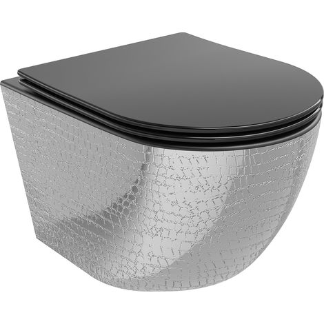 Mexen Lena WC-Schüssel Randlos mit slim Sitz und Absenk-Automatik, duroplast, Schwarz matt/Silber Sc