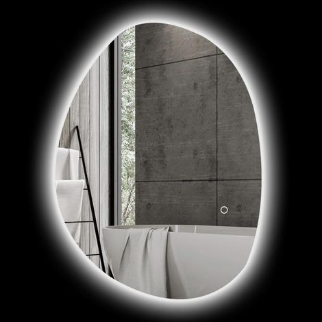 Miroir de salle de bain asymétrique 70 x 50 cm avec éclairage LED, interrupteur tactile intelligent, fonction antibuée, argent