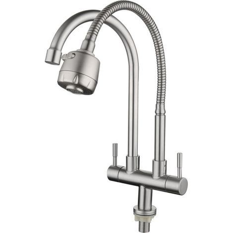 Robinet de cuisine à double sortie, acier inoxydable 304, robinet d'eau froide simple avec double tuyau, robinet d'évier pivotant universel (C) (1/5)