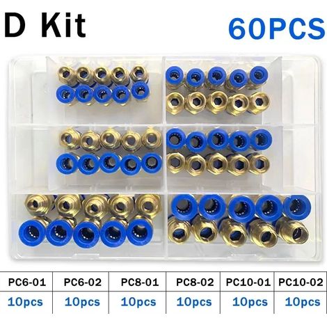 Kit de 60 raccords pneumatiques série PC (60 pièces) - 1 boîte. Raccords à dégagement rapide pour tuyaux et tubes pneumatiques 1/4", 1/8" et 1/2". (1/5)