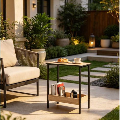 Table d'appoint carrée avec double étagère en bois et métal 50 x 55 x 25 cm (1/5)