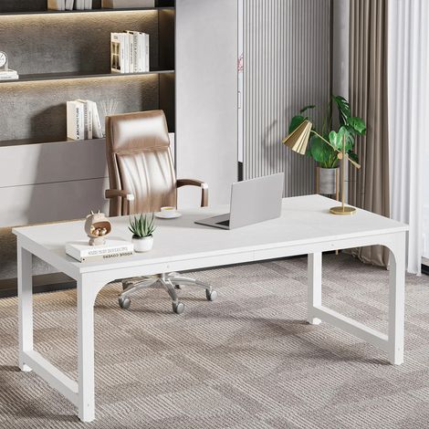 Bureau droit 180x80 cm en bois E1 – Surface spacieuse pour ordinateur et fournitures – Style moderne avec tubes métalliques – Facile à monter – Blanc (1/5)