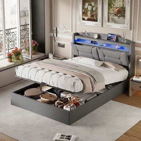 Lit coffre 140x190 avec éclairage LED et port USB, lit capitonné avec étagères ouvertes et rangement caché en tête de lit, lit double avec 2 tiroirs et sommier à lattes, lin (1/5)