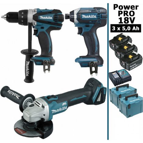Makita – Pack d'outils électroportatifs 18V – Perceuse 91Nm DDF458 – Meuleuse 125mm DGA504 – Visseuse à chocs 165Nm DTD152 – 3 batteries 5Ah