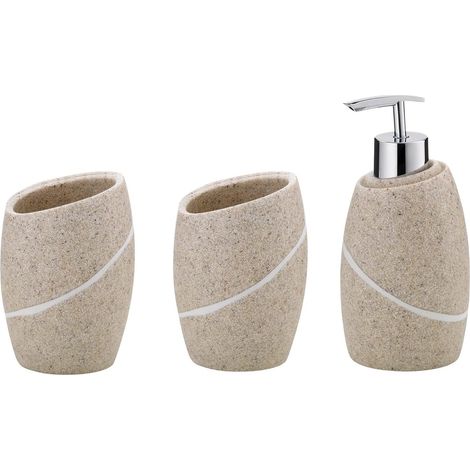 1 - Ensemble Accessoires Salle de Bain - Distributeur Savon Gobelet Porte-brosses - Design Pierre Naturelle Polyresine - Beige - 300 ML
