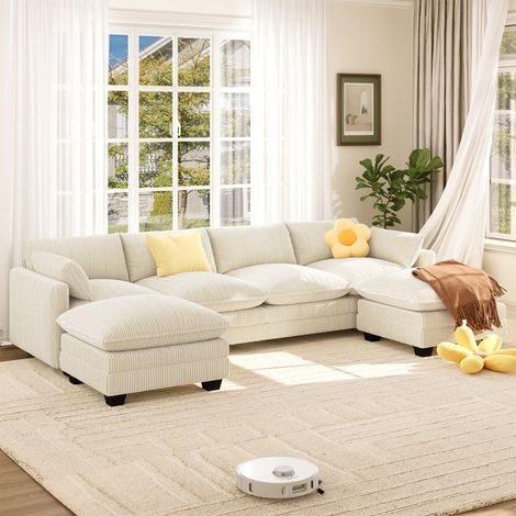 Sofá Esquinero en Forma de U Bealife Sofá Modular de Pana con Cojines de Asiento de Doble Capa Reposapiés Ajustable y 2 Reposabrazos para salon Estudio 319,5 x 141,5 x 91 cm Beige (1/5)
