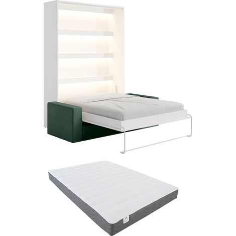 Lit escamotable 140 x 200 cm - Ouverture verticale manuelle - Avec LEDs - Blanc + Canapé en velours côtelé vert sapin + Matelas - RAPILI (1/5)