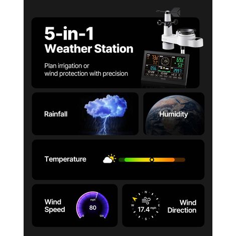 Station Météo Sans Fil WiFi 5 en 1, Station Météo Solaire Intérieur Extérieur, avec Écran VA 190,5 mm, Capteur Extérieur, Prévision, Température, Humidité, Précipitations, Vitesse Direction Vent (1/5)
