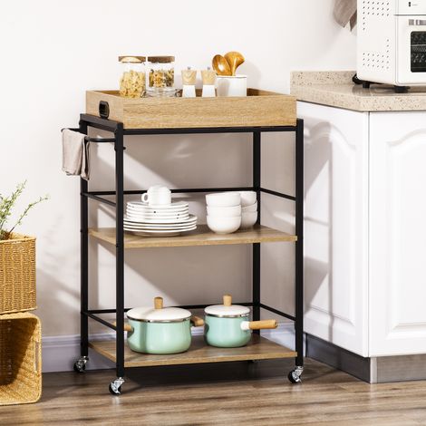 Chariot cuisine 3 niveaux plateau amovible roues pivotantes style industriel bois/noir 72x40x94 cm