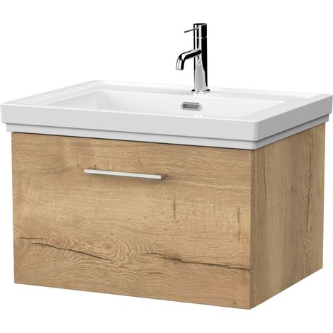 Pershall Contemporary Wall Hung 1 Drawer Vanity Unit with Traditional 1 Tap Hole Fireclay Basin, 600mm, Autumn Oak