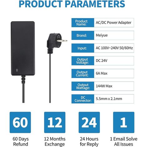 24V 6A Power Adapter,LED Power Supply 100-240V AC/DC Power Adapter Transformer 5.5mm x 2.1mm DC Output Plug Universal Power Supply 24V 144W for LED Strip 5050 3528 LED Driver (1/3)